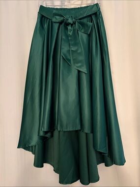 Franz Women’s Elegant Formal Emerald Green Satin High-Low Skirt with Waist Tie,M